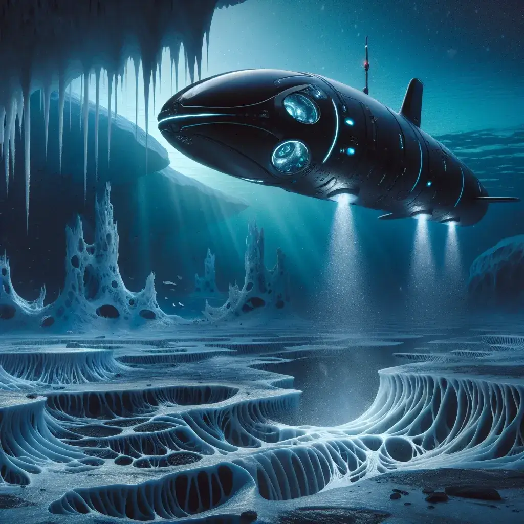 "AI-guided autonomous submarine exploring the ocean beneath Europa's icy surface, searching for signs of extraterrestrial life with advanced imaging technology."