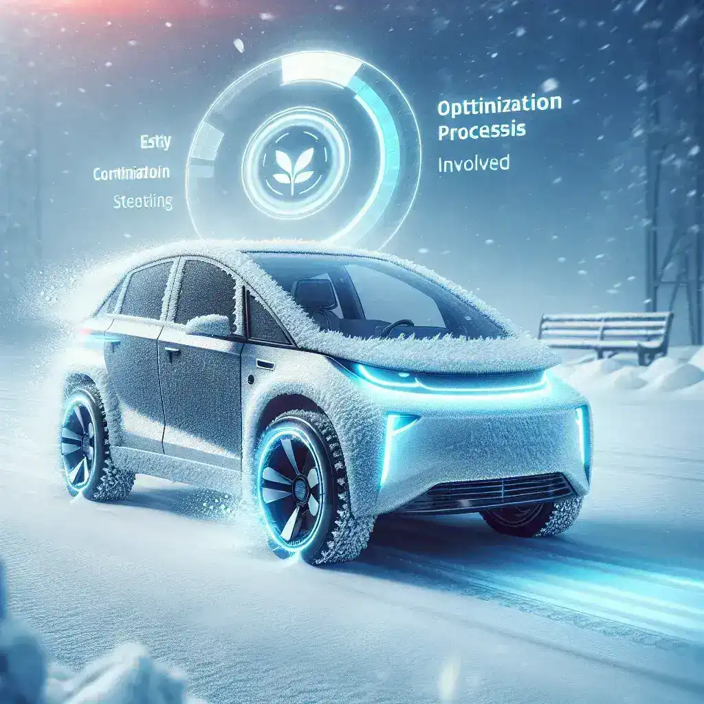 "Tesla vehicle demonstrating AI-powered cold weather optimization technology in snowy conditions, enhancing performance and safety in extreme climates."