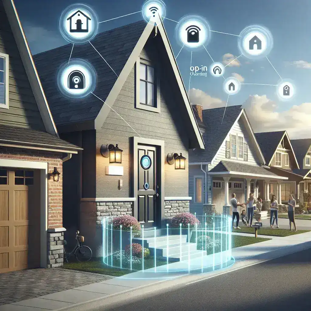 "Smart doorbell showcasing new neighborhood clip-sharing feature with opt-in fences, enhancing community security and connectivity."